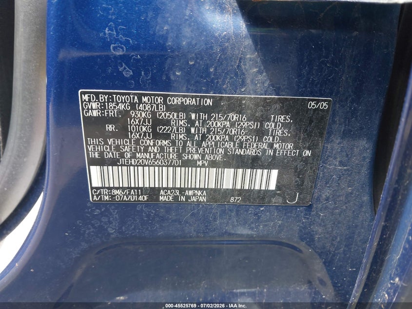2005 Toyota Rav 4 VIN JTEHD20V656037701 IAAI salvage auction — FRONT END, Salvage (Ohio), sold $675 on 2026-07-19 (photo 9)
