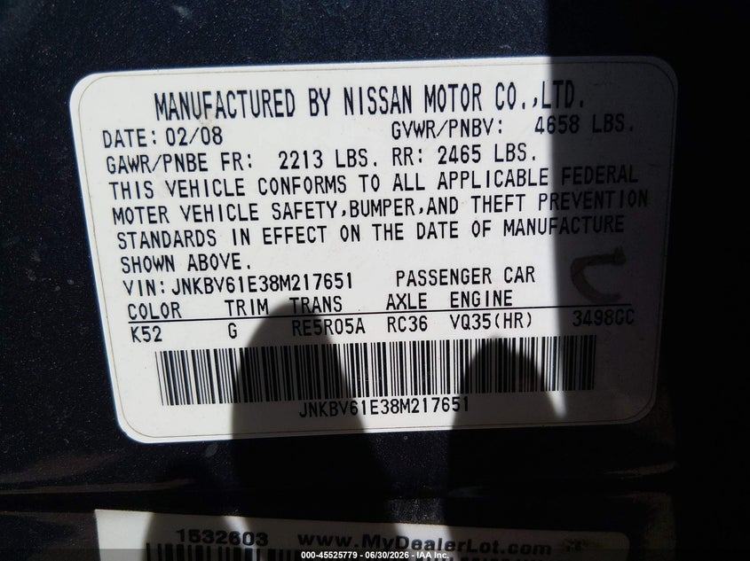2008 Infiniti G35 VIN JNKBV61E38M217651 IAAI salvage auction — NORMAL WEAR, Clear-Dealer Only (Arizona), sold $850 on 2026-07-28 (photo 9)
