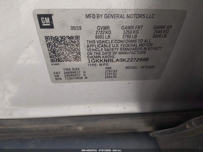 2019 Gmc Acadia VIN 1GKKNRLA0KZ272988 IAAI salvage auction — NORMAL WEAR, Sf97 (Oklahoma), sold $8,475 on 2026-08-03 (photo 9)