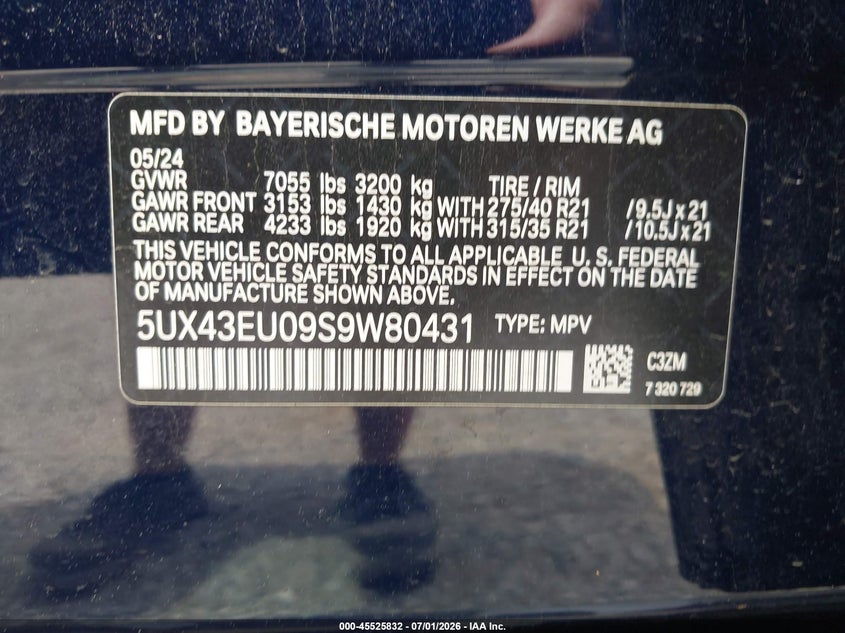 2025 BMW X5 VIN 5UX43EU09S9W80431 IAAI salvage auction — FRONT END, Rebuildable (Florida), sold $51,000 on 2026-07-20 (photo 9)