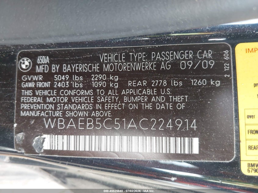 2010 BMW 6er VIN WBAEB5C51AC224914 IAAI salvage auction — FRONT & REAR, Salvage - Greater Than 75% (Maryland), sold $1,000 on 2026-07-29 (photo 9)