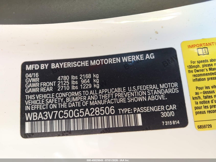2016 BMW 4er VIN WBA3V7C50G5A28506 IAAI salvage auction — FRONT & REAR, Wait Title, sold $3,300 on 2026-08-16 (photo 9)