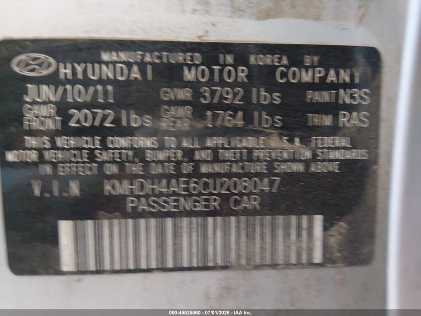 2012 Hyundai Elantra VIN KMHDH4AE6CU208047 IAAI salvage auction — NORMAL WEAR, Restored (Arizona), sold $450 on 2026-07-21 (photo 9)