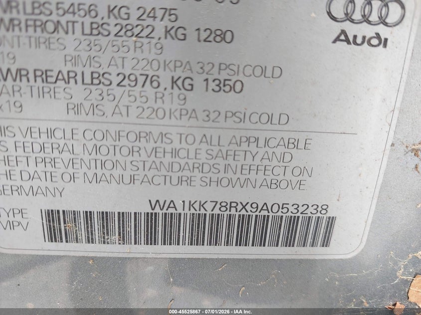 2009 Audi Q5 VIN WA1KK78RX9A053238 IAAI salvage auction — NORMAL WEAR, Clear (North Carolina), sold $700 on 2026-07-23 (photo 9)