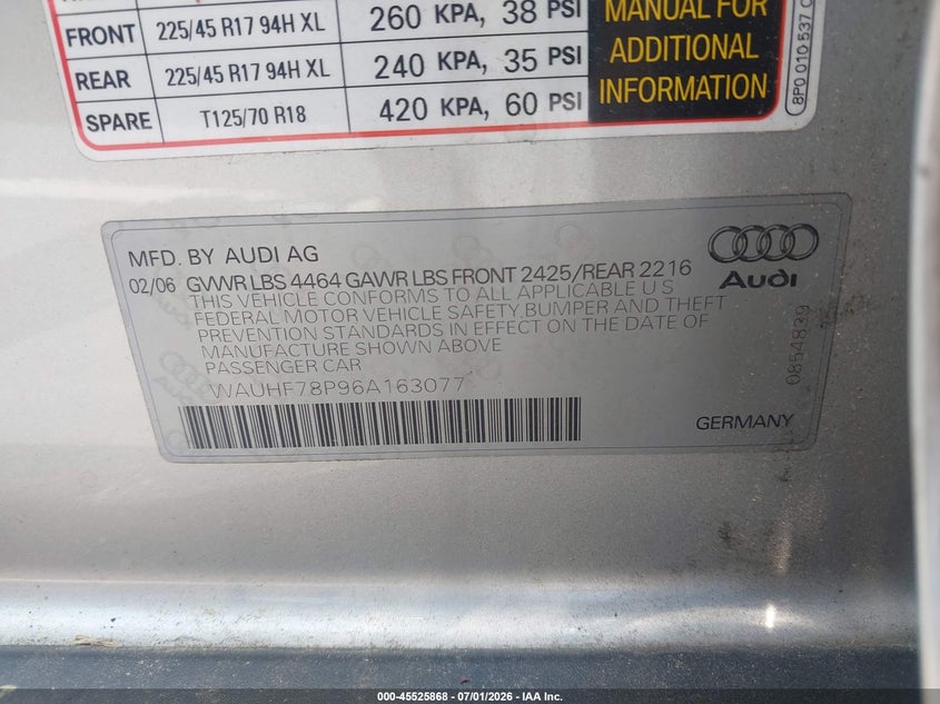 2006 Audi A3 VIN WAUHF78P96A163077 IAAI salvage auction — FRONT END, Salvage (North Carolina), sold $225 on 2026-07-29 (photo 9)