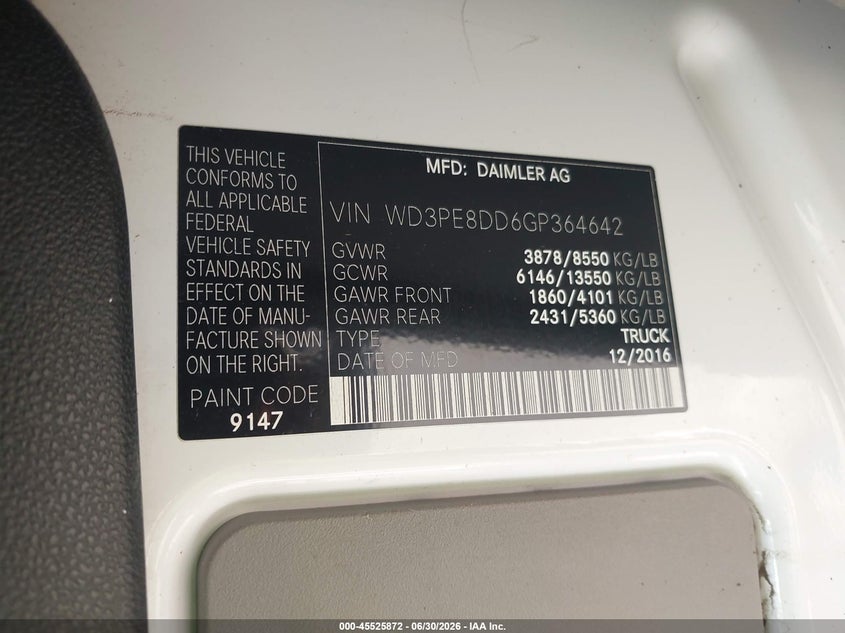 2016 Mercedes-benz Sprinter VIN WD3PE8DD6GP364642 IAAI salvage auction — LEFT & RIGHT, Clear (Virginia), sold $2,350 on 2026-07-10 (photo 9)
