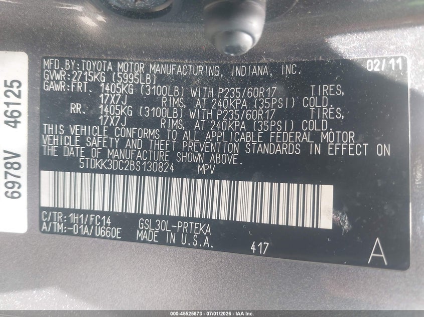 2011 Toyota Sienna VIN 5TDKK3DC2BS130824 IAAI salvage auction — NORMAL WEAR, Clear (Massachusetts), sold $2,175 on 2026-07-10 (photo 9)