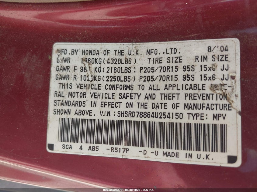 2004 Honda Cr-v VIN SHSRD78864U254150 IAAI salvage auction — NORMAL WEAR, Clear (Tennessee), sold $725 on 2026-07-30 (photo 9)