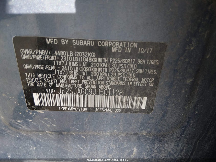 2018 Subaru Forester VIN JF2SJAGC9JH501128 IAAI salvage auction — LEFT FRONT, Salvage (Pennsylvania), sold $375 on 2026-07-28 (photo 9)