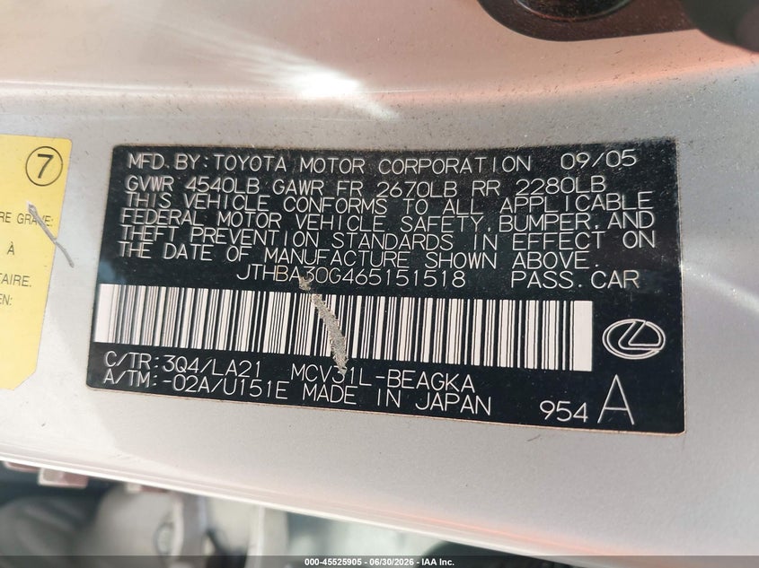 2006 Lexus Es 330 VIN JTHBA30G465151518 IAAI salvage auction — NORMAL WEAR, Clear (Maryland), sold $425 on 2026-07-15 (photo 9)