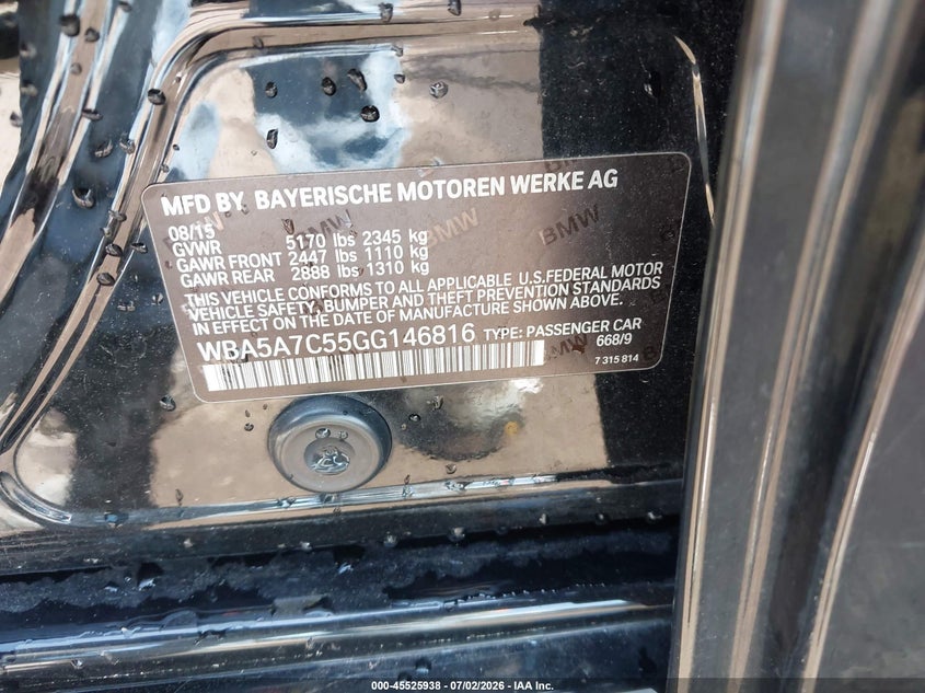 2016 BMW 5er VIN WBA5A7C55GG146816 IAAI salvage auction — REAR END, Salvage - Greater Than 75% (Maryland), sold $3,400 on 2026-08-06 (photo 9)