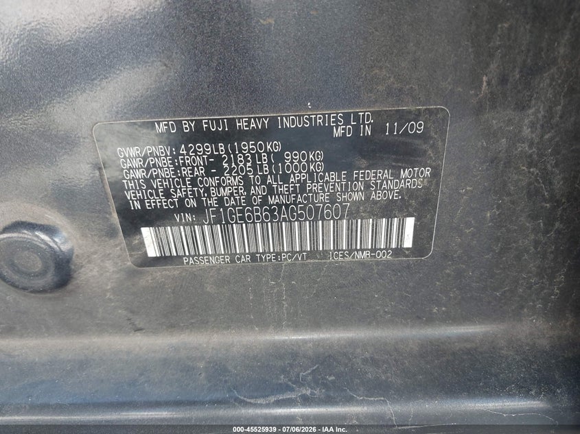 2010 Subaru Impreza VIN JF1GE6B63AG507607 IAAI salvage auction — NORMAL WEAR, Clear (Alabama), sold $225 on 2026-07-30 (photo 9)