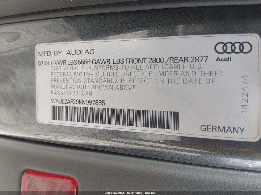 2019 Audi A6 VIN WAUL2AF29KN097885 IAAI salvage auction — REAR END, Wait Title, sold $12,400 on 2026-09-03 (photo 9)