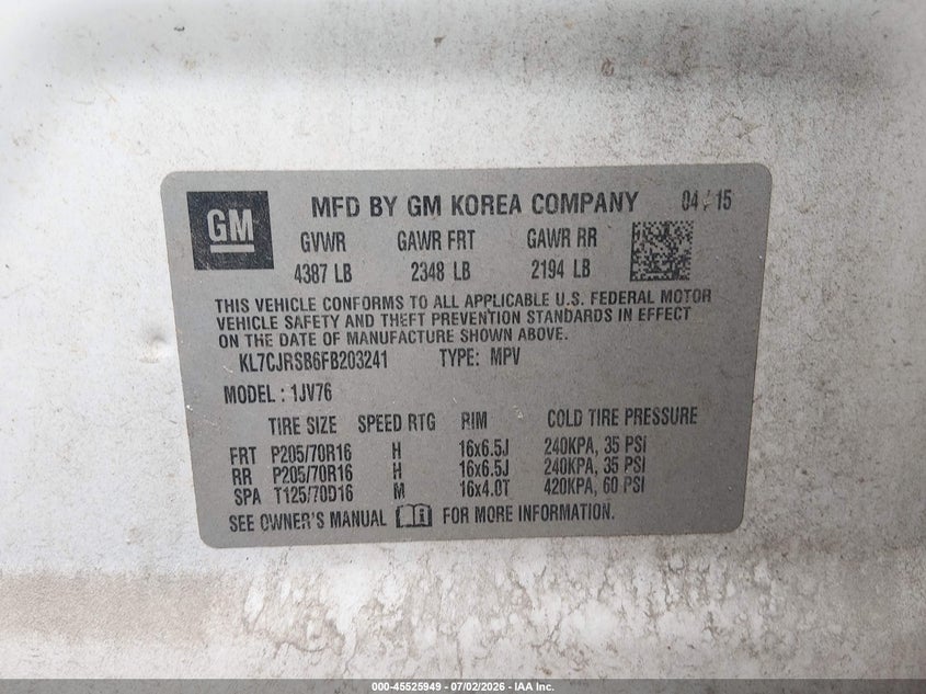 2015 Chevrolet Trax VIN KL7CJRSB6FB203241 IAAI salvage auction — FRONT END, Clear (Virginia), sold $675 on 2026-07-28 (photo 9)