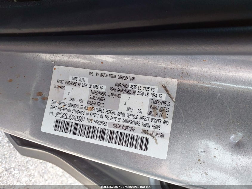 2012 Mazda 5 VIN JM1CW2BLXC0109987 IAAI salvage auction — NORMAL WEAR, Clear (Illinois), sold $425 on 2026-07-22 (photo 9)