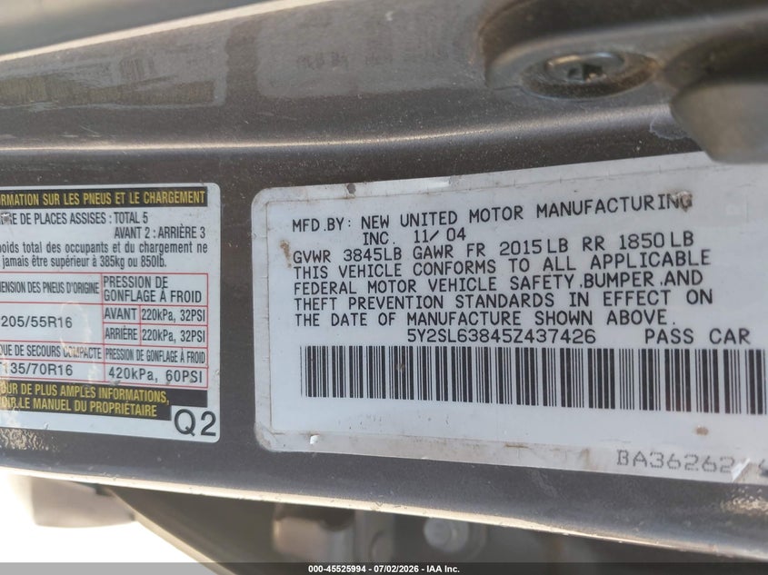 2005 Pontiac Vibe VIN 5Y2SL63845Z437426 IAAI salvage auction — FRONT & REAR, Salvage (Texas), sold $575 on 2026-07-23 (photo 9)