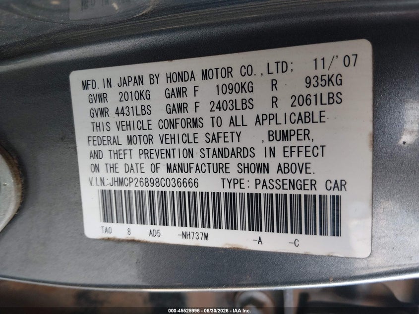 2008 Honda Accord VIN JHMCP26898C036666 IAAI salvage auction — LEFT SIDE, Salvage (Idaho), sold $25 on 2026-07-06 (photo 9)
