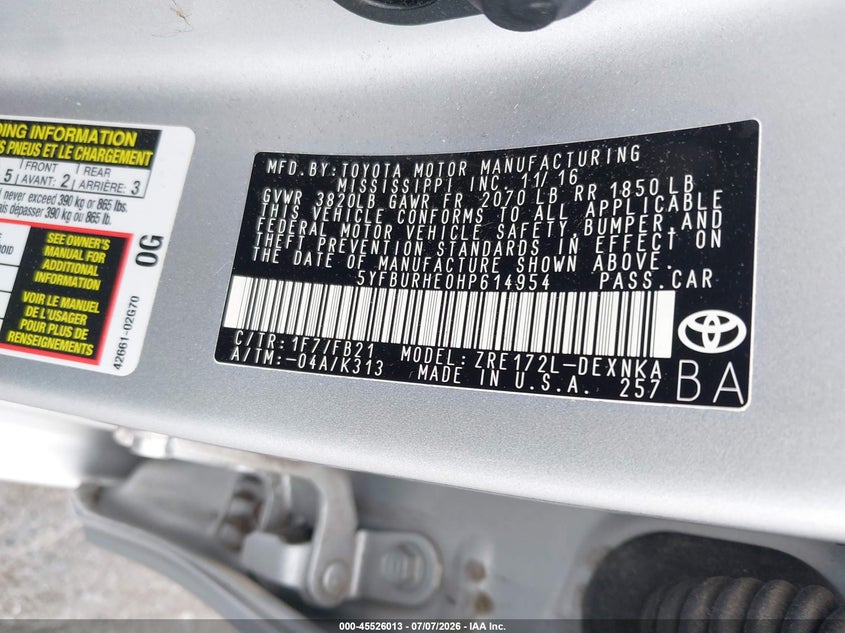 2017 Toyota Corolla VIN 5YFBURHE0HP614954 IAAI salvage auction — LEFT SIDE, Salvage - 75% Or Less (Maryland), sold $2,650 on 2026-07-22 (photo 9)