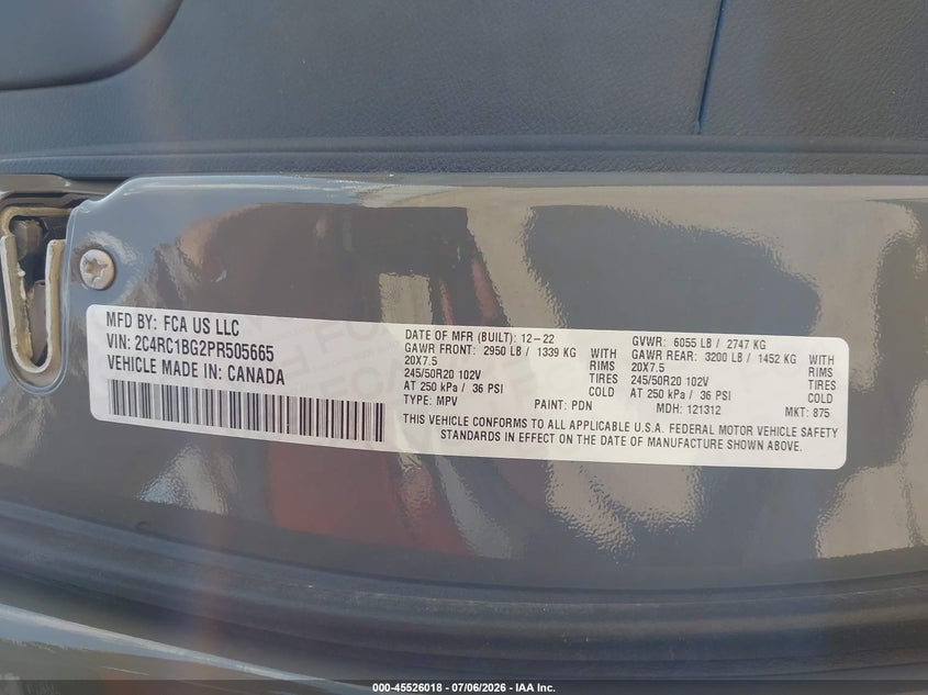 2023 Chrysler Pacifica VIN 2C4RC1BG2PR505665 IAAI salvage auction — FRONT & REAR, Salvage Title, sold $5,800 on 2026-08-25 (photo 9)
