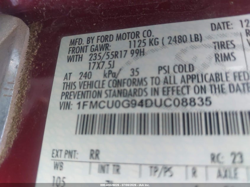 2013 Ford Escape VIN 1FMCU0G94DUC08835 IAAI salvage auction — FRONT END, Salvage (Arkansas), sold $275 on 2026-07-23 (photo 9)