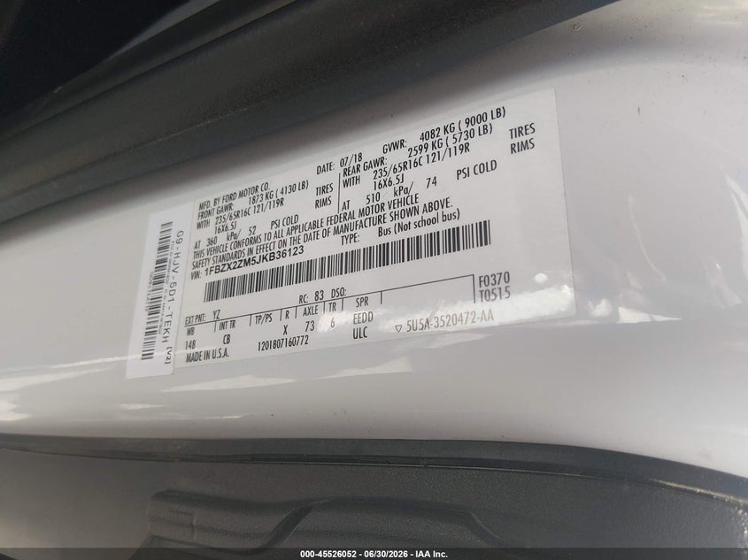 2018 Ford Transit-350 VIN 1FBZX2ZM5JKB36123 IAAI salvage auction — NORMAL WEAR, Sf97 (Washington), sold $24,700 on 2026-09-03 (photo 9)