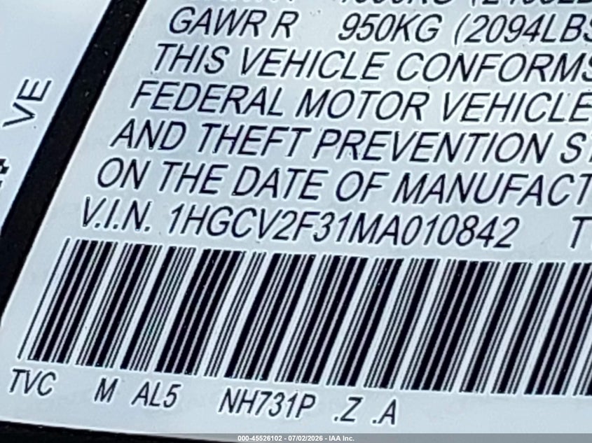 2021 Honda Accord VIN 1HGCV2F31MA010842 IAAI salvage auction — FRONT & REAR, Wait Title, sold $7,975 on 2026-09-11 (photo 9)