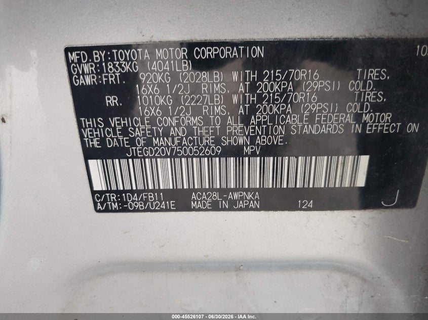 2005 Toyota Rav4 VIN JTEGD20V750052609 IAAI salvage auction — NORMAL WEAR, Clear (New Jersey), sold $1,025 on 2026-07-20 (photo 9)