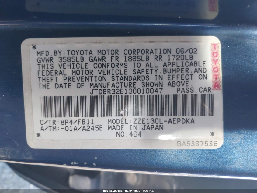 2003 Toyota Corolla VIN JTDBR32E130010047 IAAI salvage auction — NORMAL WEAR, Clear (Florida), sold $850 on 2026-07-29 (photo 9)