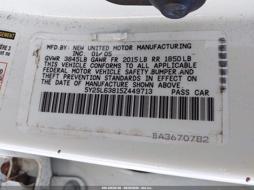 2005 Pontiac Vibe VIN 5Y2SL63815Z449713 IAAI salvage auction — NORMAL WEAR, Clear (New Jersey), sold $400 on 2026-07-30 (photo 9)