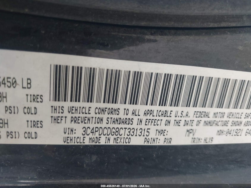 2012 Dodge Journey VIN 3C4PDCDG8CT331315 IAAI salvage auction — NORMAL WEAR, Clear (Nevada), sold $275 on 2026-07-09 (photo 9)