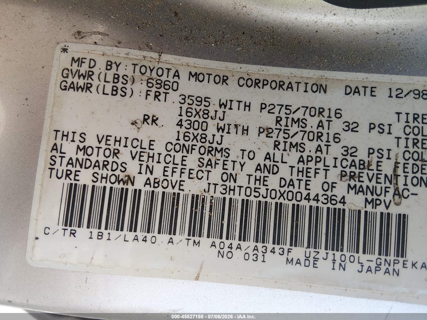1999 Toyota Land cruiser VIN JT3HT05J0X0044364 IAAI salvage auction — NORMAL WEAR, Clear (North Carolina), sold $1,100 on 2026-07-29 (photo 9)