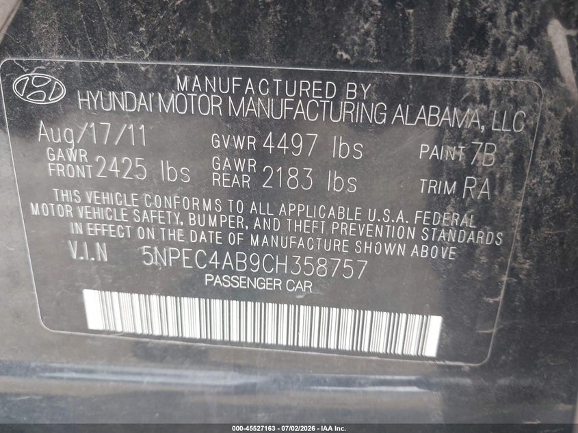 2012 Hyundai Sonata VIN 5NPEC4AB9CH358757 IAAI salvage auction — RIGHT FRONT, Salvage (Pennsylvania), sold $325 on 2026-07-15 (photo 9)