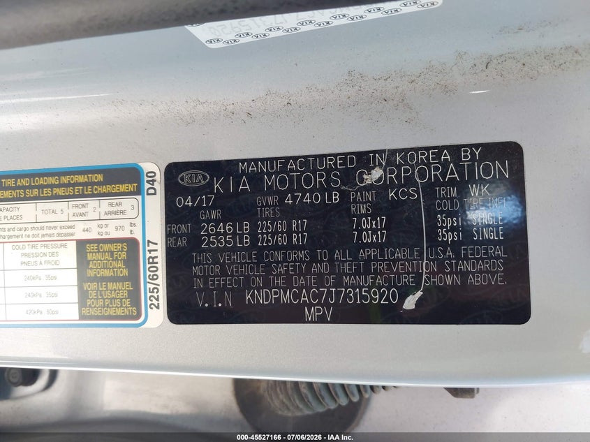 2018 Kia Sportage VIN KNDPMCAC7J7315920 IAAI salvage auction — HAIL, Certificate Of Title (Nebraska), sold $50 on 2026-07-30 (photo 9)