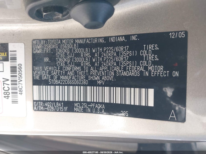2006 Toyota Sienna VIN 5TDBA22C66S060380 IAAI salvage auction — NORMAL WEAR, Clear - Dealer Only (California), sold $1,100 on 2026-07-08 (photo 9)