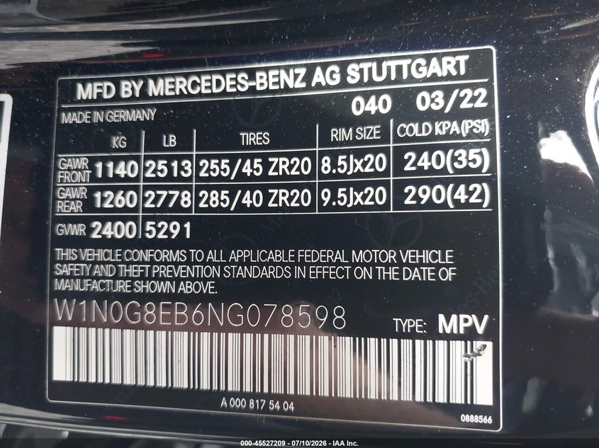 2022 Mercedes-benz Glc VIN W1N0G8EB6NG078598 IAAI salvage auction — FRONT END, Wait Title, sold $12,700 on 2026-08-21 (photo 9)