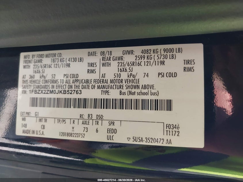 2018 Ford Transit VIN 1FBZX2ZM0JKB52763 IAAI salvage auction — NORMAL WEAR, Sf97 (Virginia), sold $11,750 on 2026-07-22 (photo 9)