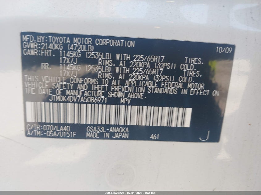 2010 Toyota Rav4 VIN JTMDK4DV7A5086971 IAAI salvage auction — FRAME DAMAGE, Clear (Massachusetts), sold $25 on 2026-07-24 (photo 9)