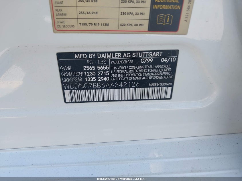 2010 Mercedes-benz S-klasse VIN WDDNG7BB6AA342126 IAAI salvage auction — FRONT END, Salvage (California), sold $725 on 2026-08-03 (photo 9)