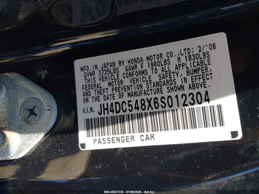 2006 Acura Rsx VIN JH4DC548X6S012304 IAAI salvage auction — FRONT END, Clear (Massachusetts), sold $400 on 2026-07-17 (photo 9)