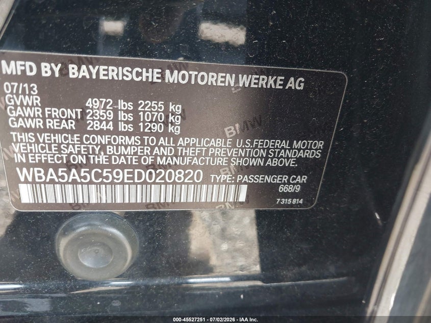 2014 BMW 5er VIN WBA5A5C59ED020820 IAAI salvage auction — FRONT END, Wait Title, sold $800 on 2026-08-17 (photo 9)