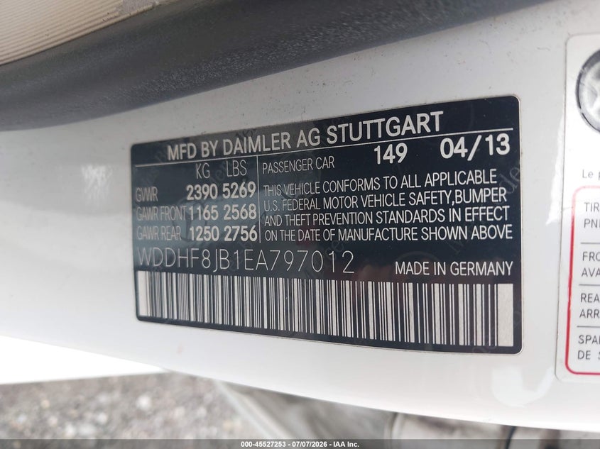 2014 Mercedes-benz E-klasse VIN WDDHF8JB1EA797012 IAAI salvage auction — FRONT END, Mv-907A (New York), sold $2,250 on 2026-07-14 (photo 9)