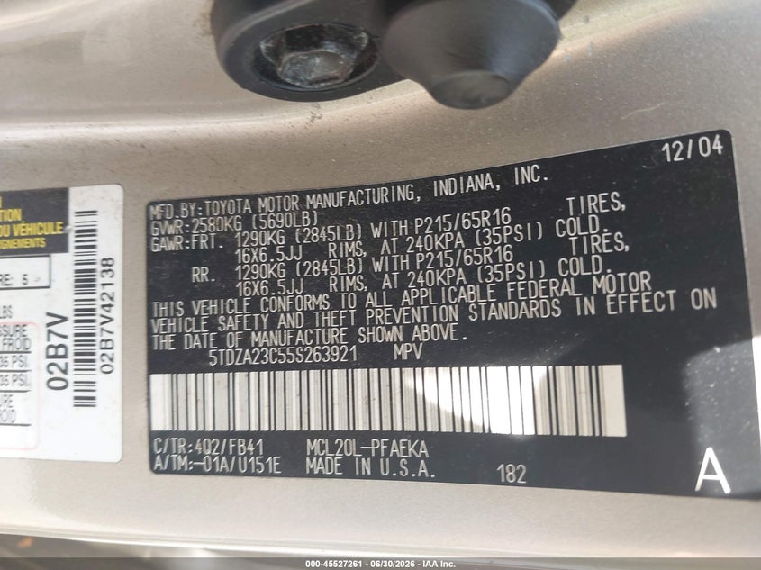 2005 Toyota Sienna VIN 5TDZA23C55S263921 IAAI salvage auction — FRONT END, Clear (New Jersey), sold $125 on 2026-07-06 (photo 9)