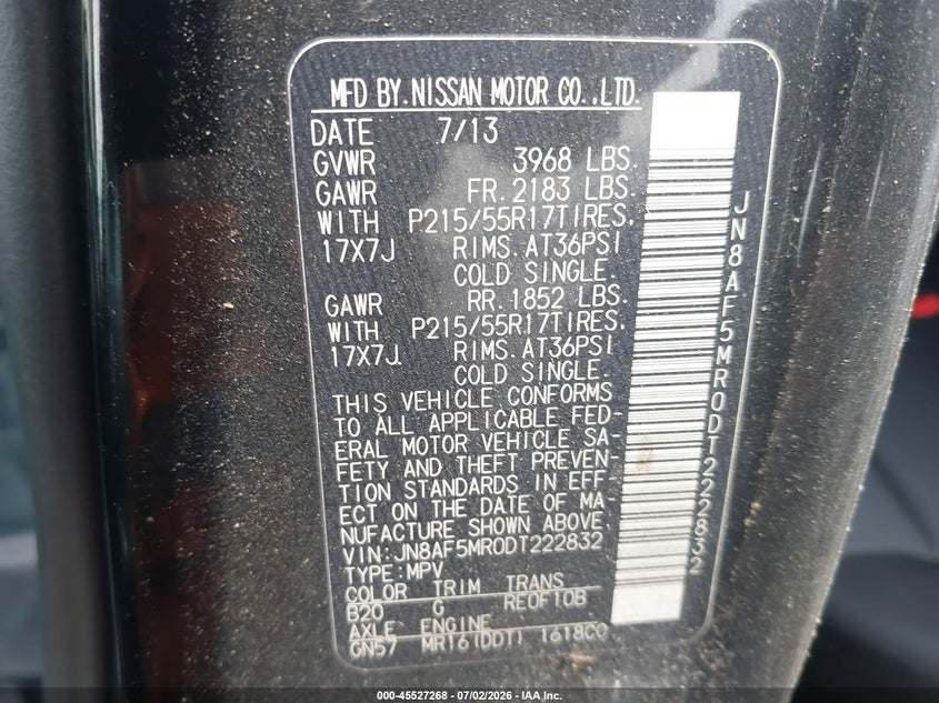2013 Nissan Juke VIN JN8AF5MR0DT222832 IAAI salvage auction — NORMAL WEAR, Original (Texas), sold $400 on 2026-07-15 (photo 9)
