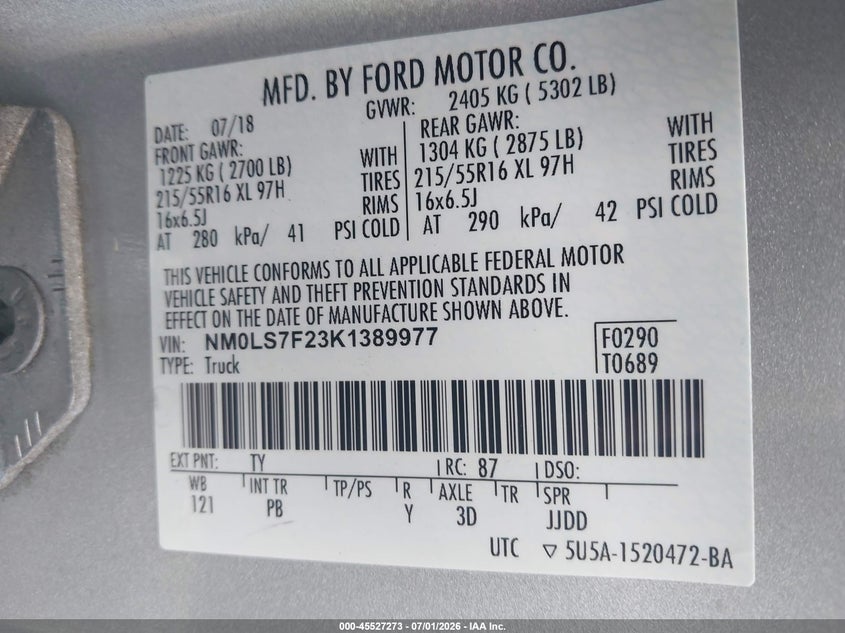 2019 Ford Transit VIN NM0LS7F23K1389977 IAAI salvage auction — FRONT END, Salvage (Idaho), sold $2,675 on 2026-07-30 (photo 9)