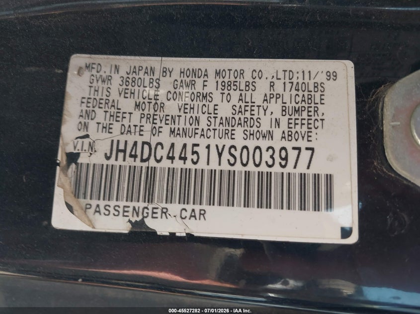 2000 Acura Integra VIN JH4DC4451YS003977 IAAI salvage auction — LEFT REAR, Clear (Illinois), sold $425 on 2026-07-29 (photo 9)