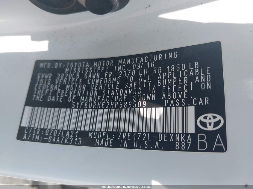 2017 Toyota Corolla VIN 5YFBURHE2HP586509 IAAI salvage auction — FRONT END, Salvage (Ohio), sold $2,750 on 2026-07-28 (photo 9)
