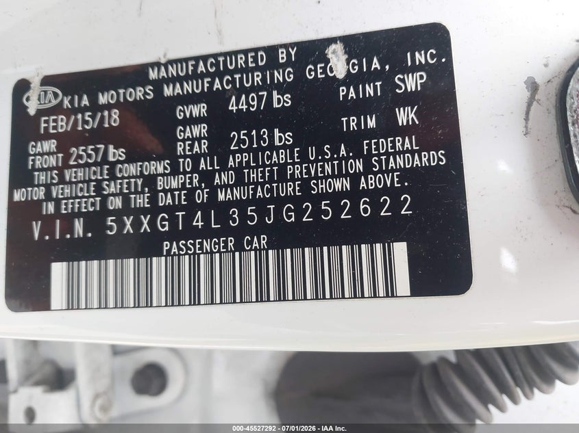 2018 Kia Optima VIN 5XXGT4L35JG252622 IAAI salvage auction — NORMAL WEAR, Clear - Dealer Only (California), sold $3,100 on 2026-07-07 (photo 9)
