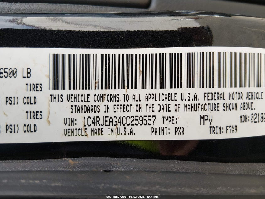 2012 Jeep Grand cherokee VIN 1C4RJEAG4CC259557 IAAI salvage auction — NORMAL WEAR, Clear-Dealer Only (Oregon), sold $275 on 2026-07-09 (photo 9)
