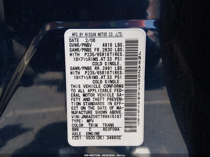 2006 Nissan Murano VIN JN8AZ08T76W415187 IAAI salvage auction — NORMAL WEAR, Clear (Nevada), sold $175 on 2026-07-17 (photo 9)