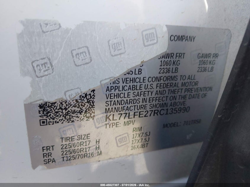 2024 Chevrolet Trax VIN KL77LFE27RC135990 IAAI salvage auction — RIGHT FRONT, Salvage Title, sold $2,700 on 2026-08-01 (photo 9)